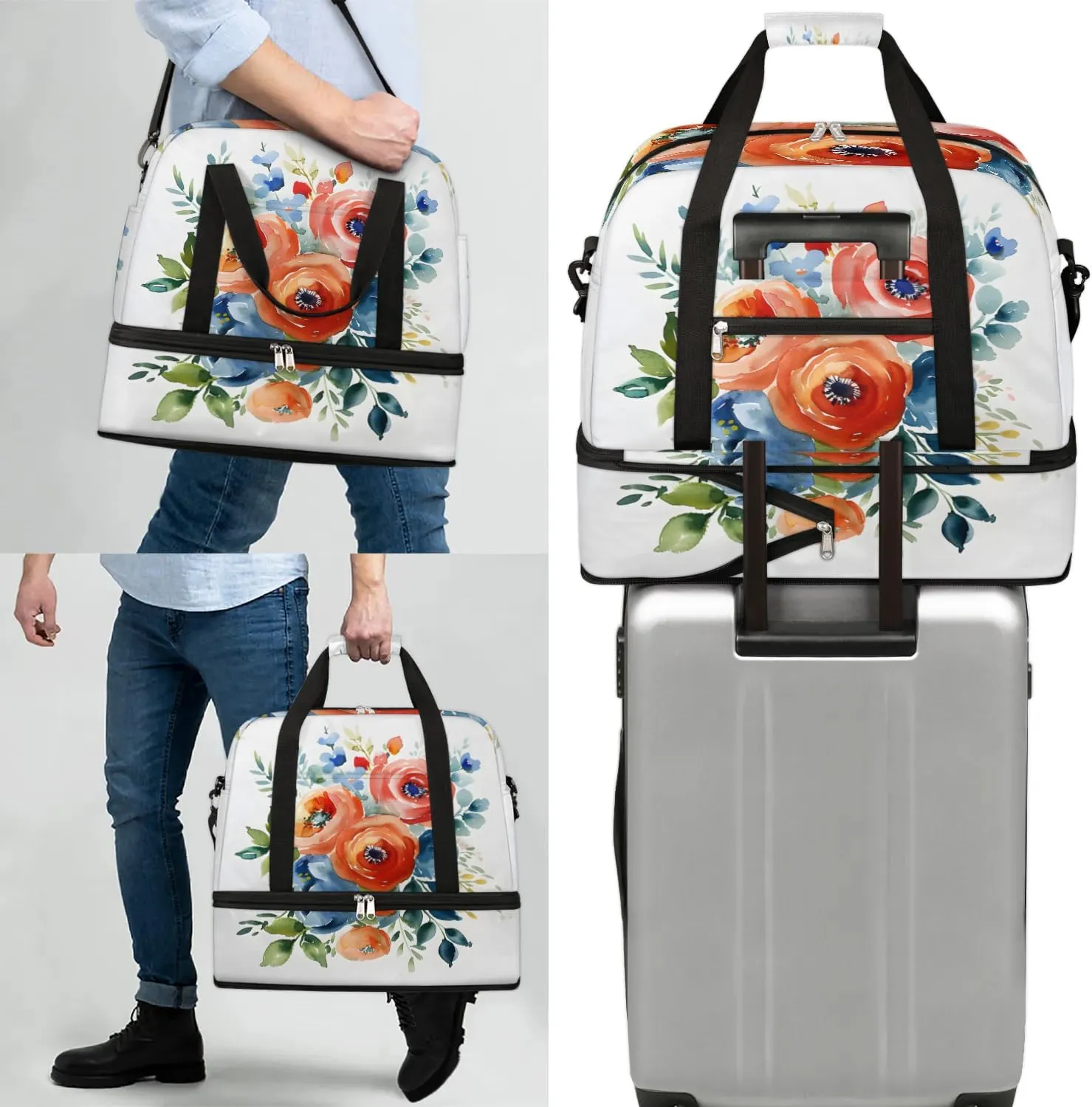 Graceful Flower Patterns Colorful Travel Duffle Bag, Collapsible Travel Bag Sports Gym Bag With Shoes Compartment Weekender Bag Overnight Bag For Women Men