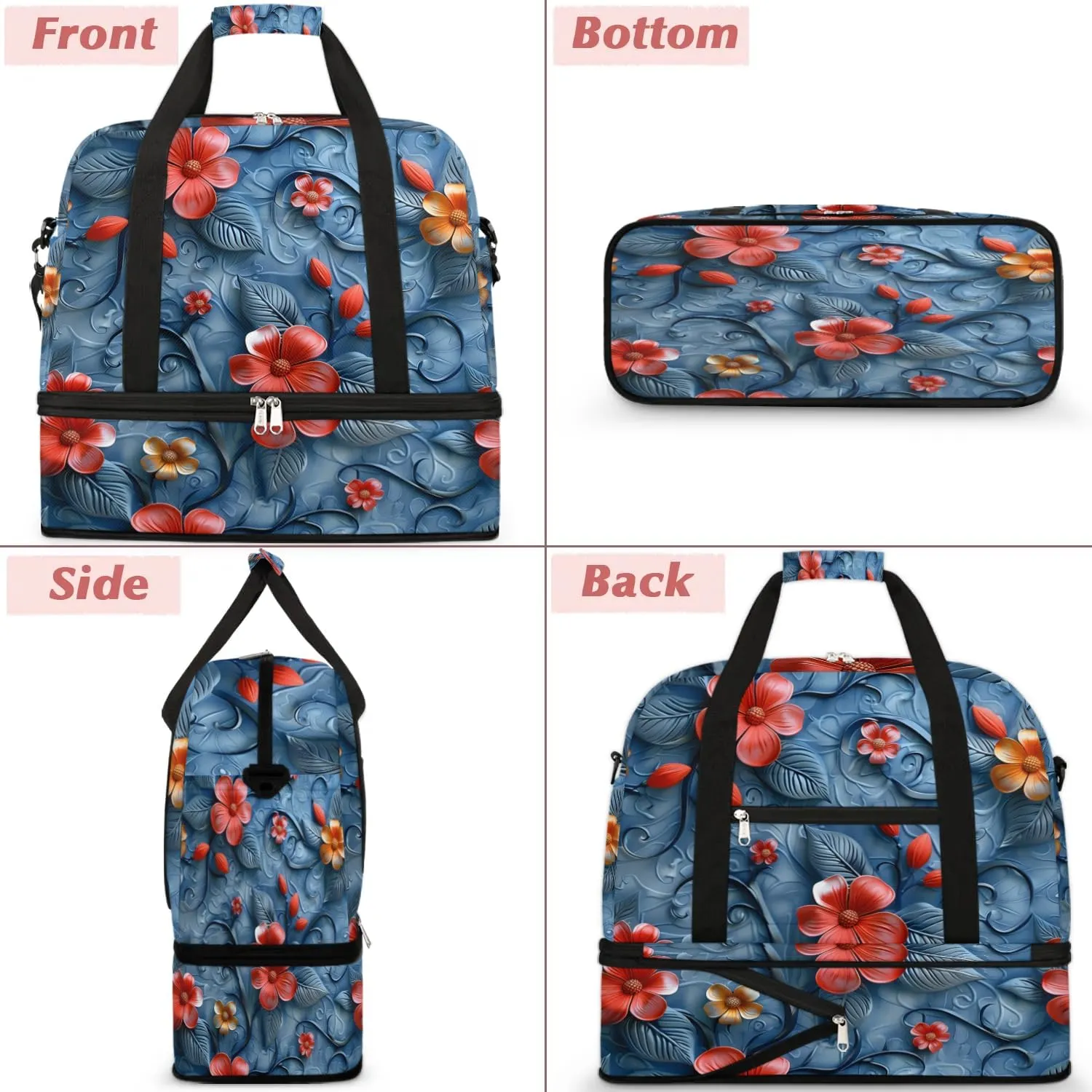 Graceful Flower Retro Patterns Travel Duffle Bag, Collapsible Travel Bag Sports Gym Bag With Shoes Compartment Weekender Bag Overnight Bag For Women Men