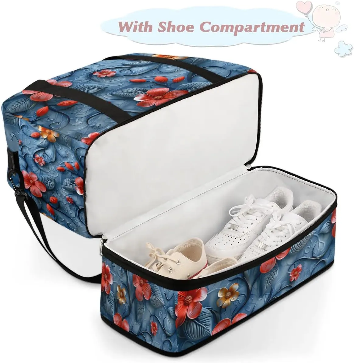 Graceful Flower Retro Patterns Travel Duffle Bag, Collapsible Travel Bag Sports Gym Bag With Shoes Compartment Weekender Bag Overnight Bag For Women Men