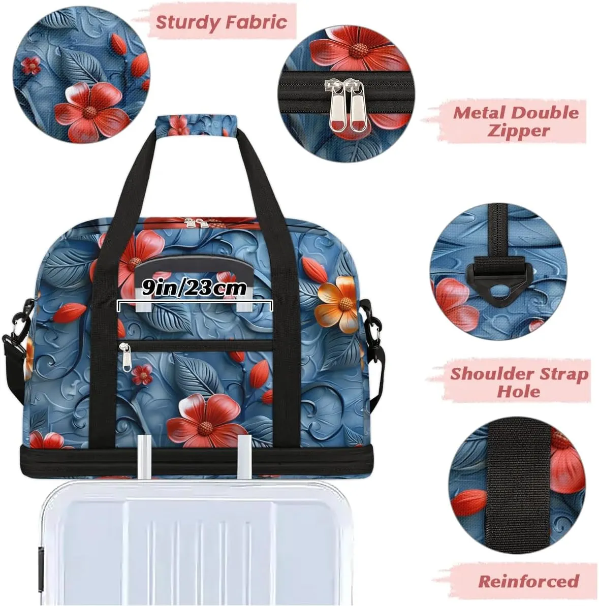 Graceful Flower Retro Patterns Travel Duffle Bag, Collapsible Travel Bag Sports Gym Bag With Shoes Compartment Weekender Bag Overnight Bag For Women Men