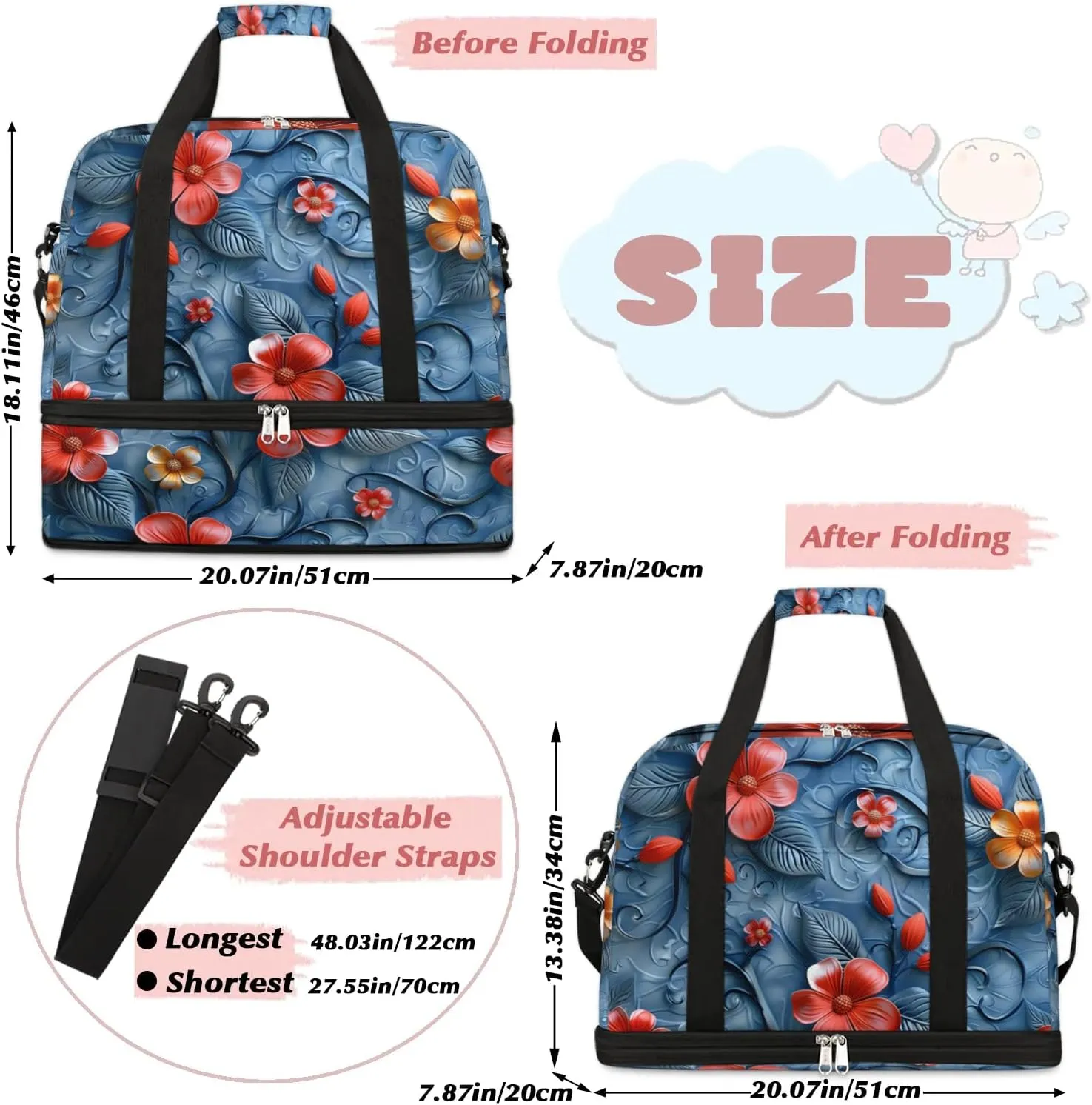 Graceful Flower Retro Patterns Travel Duffle Bag, Collapsible Travel Bag Sports Gym Bag With Shoes Compartment Weekender Bag Overnight Bag For Women Men