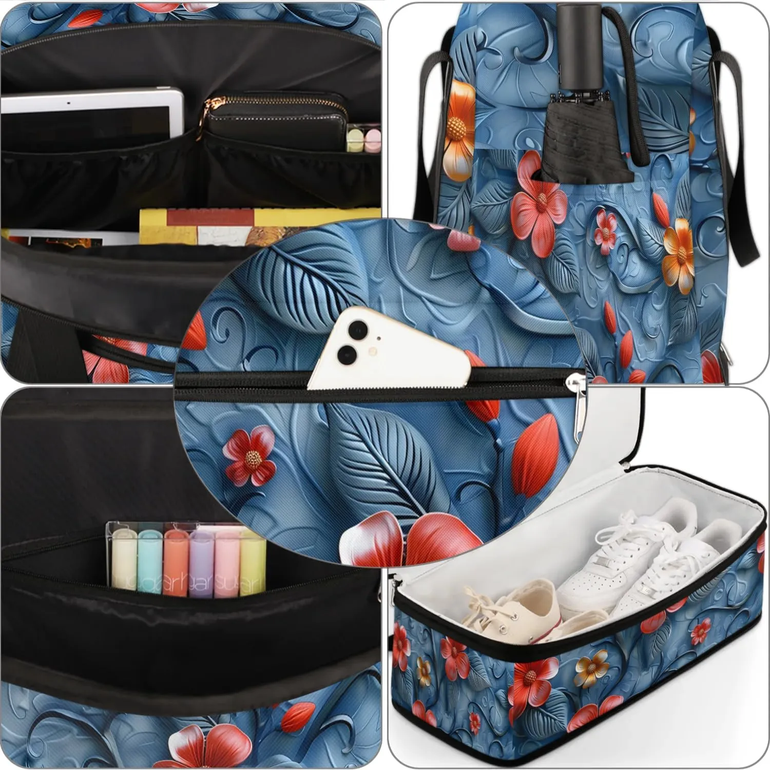 Graceful Flower Retro Patterns Travel Duffle Bag, Collapsible Travel Bag Sports Gym Bag With Shoes Compartment Weekender Bag Overnight Bag For Women Men