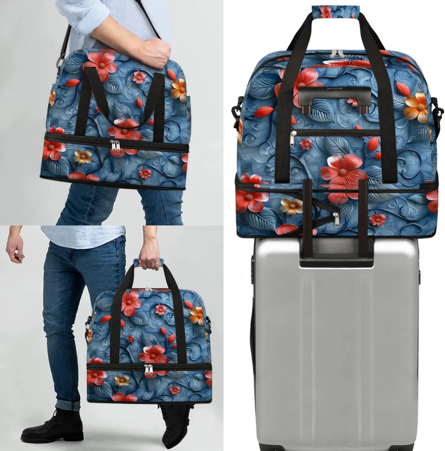 Graceful Flower Retro Patterns Travel Duffle Bag, Collapsible Travel Bag Sports Gym Bag With Shoes Compartment Weekender Bag Overnight Bag For Women Men