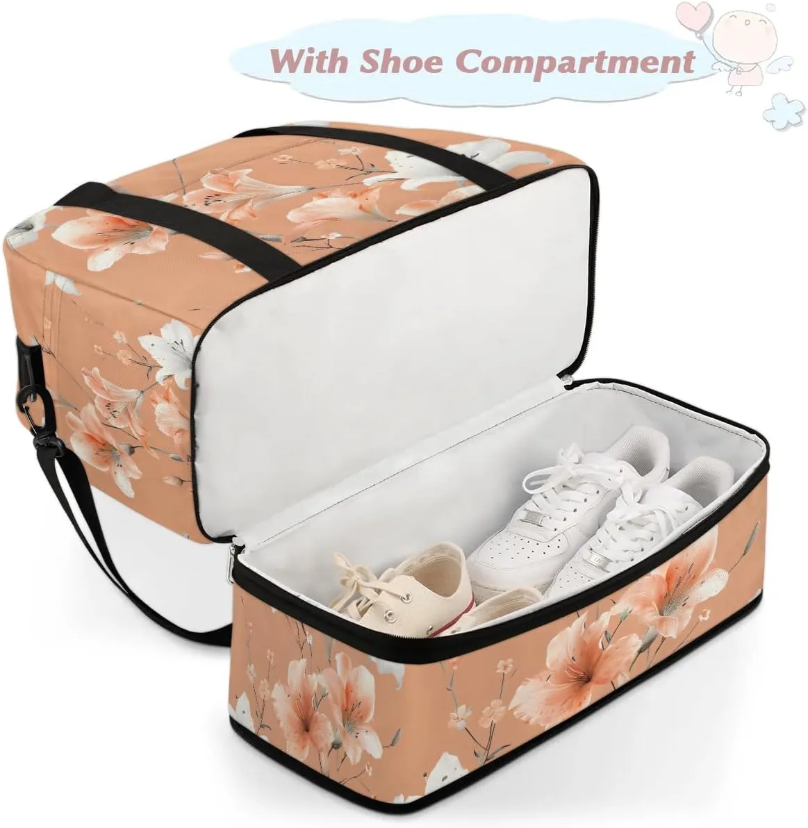 Graceful Flower Retro Printings Travel Duffle Bag, Collapsible Travel Bag Sports Gym Bag With Shoes Compartment Weekender Bag Overnight Bag For Women Men