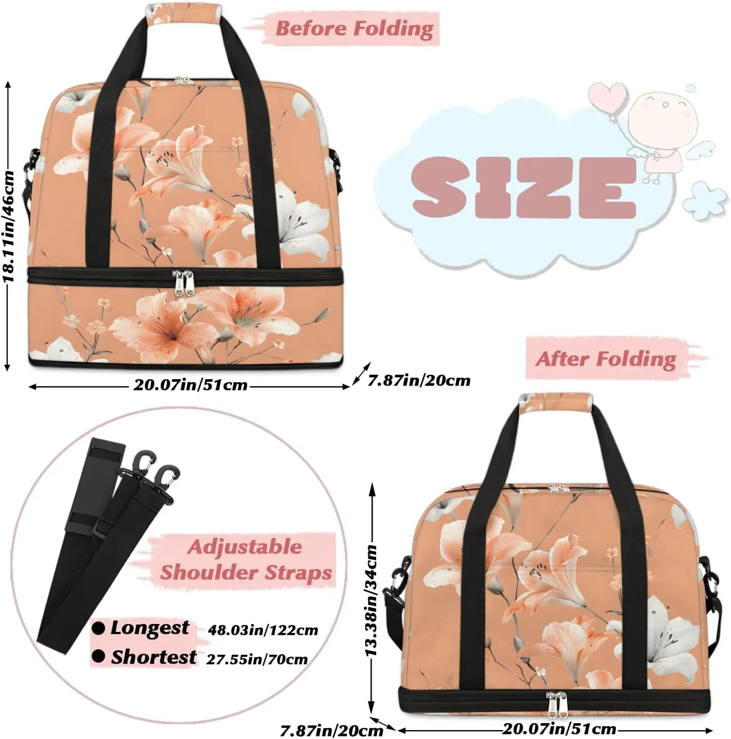Graceful Flower Retro Printings Travel Duffle Bag, Collapsible Travel Bag Sports Gym Bag With Shoes Compartment Weekender Bag Overnight Bag For Women Men