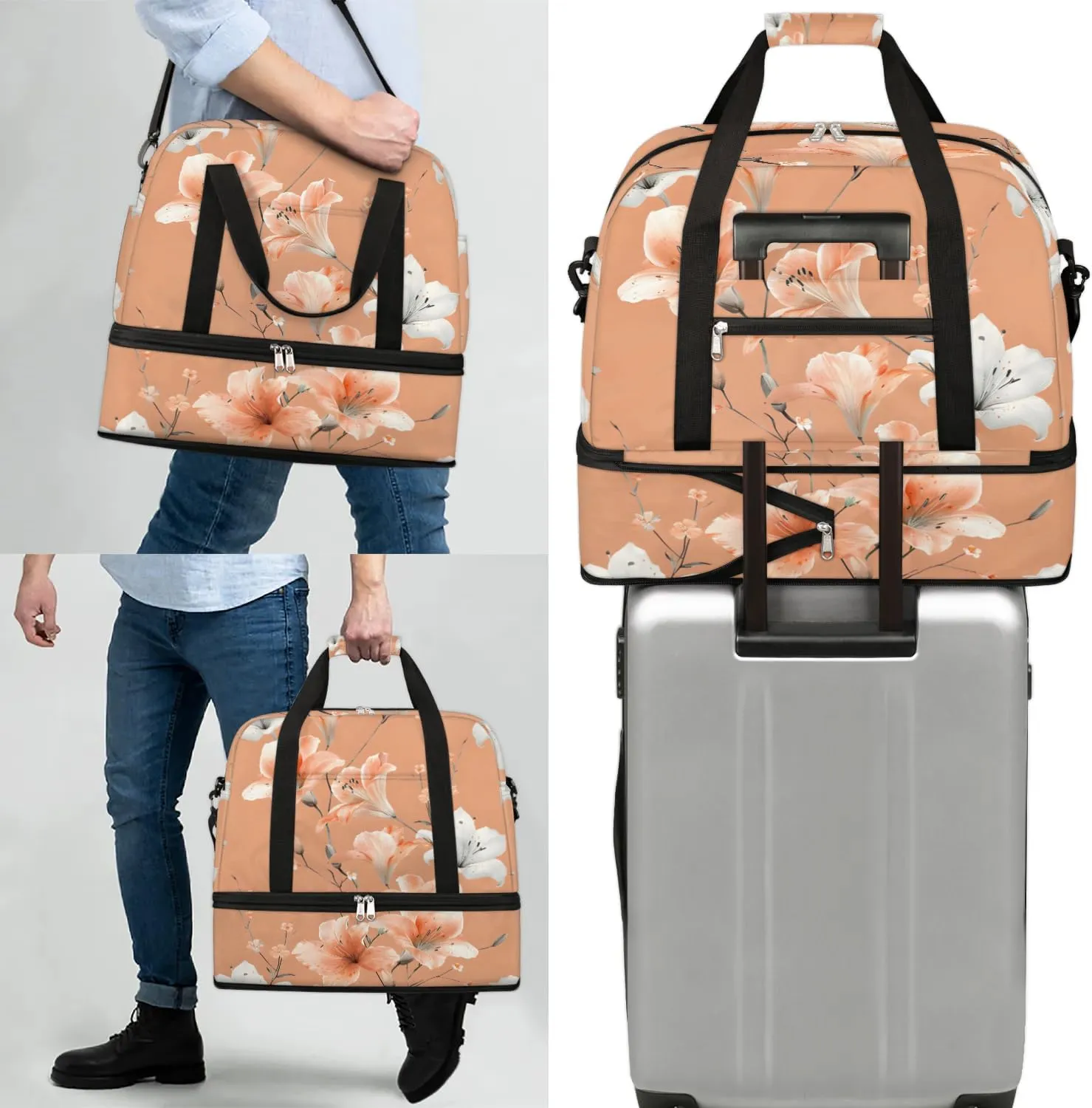Graceful Flower Retro Printings Travel Duffle Bag, Collapsible Travel Bag Sports Gym Bag With Shoes Compartment Weekender Bag Overnight Bag For Women Men