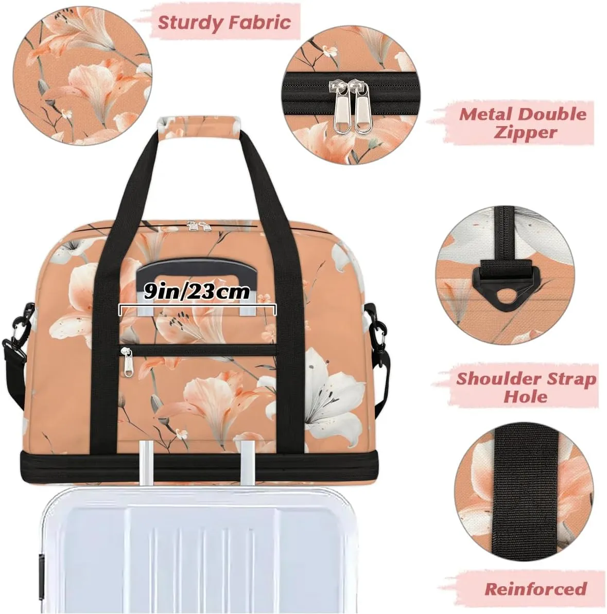 Graceful Flower Retro Printings Travel Duffle Bag, Collapsible Travel Bag Sports Gym Bag With Shoes Compartment Weekender Bag Overnight Bag For Women Men