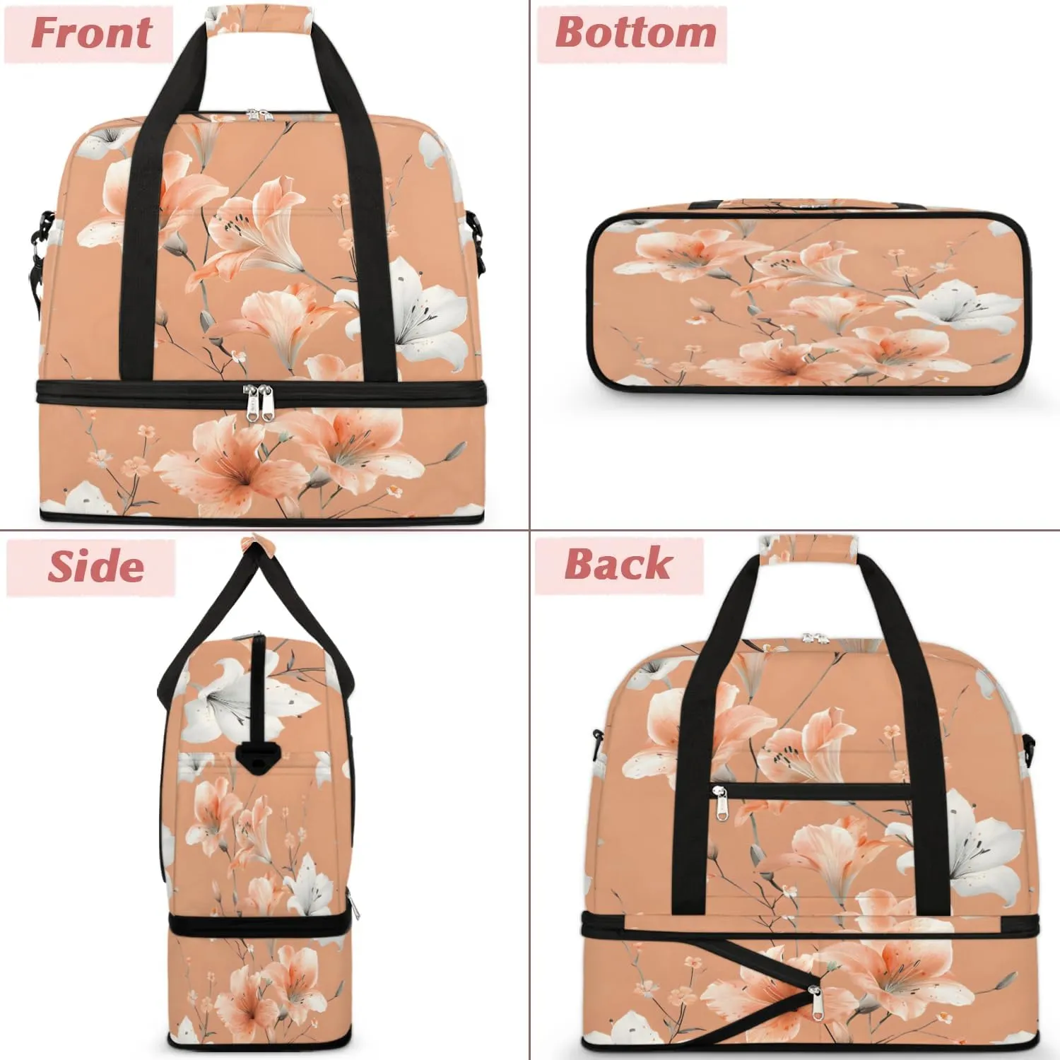 Graceful Flower Retro Printings Travel Duffle Bag, Collapsible Travel Bag Sports Gym Bag With Shoes Compartment Weekender Bag Overnight Bag For Women Men