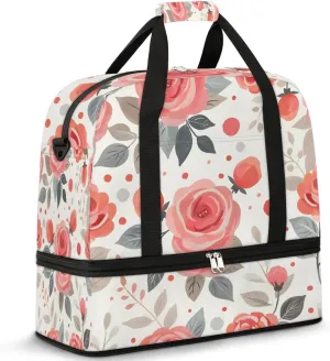 Graceful Rose Pattern Flowers Travel Duffle Bag, Collapsible Travel Bag Sports Gym Bag With Shoes Compartment Weekender Bag Overnight Bag For Women Men