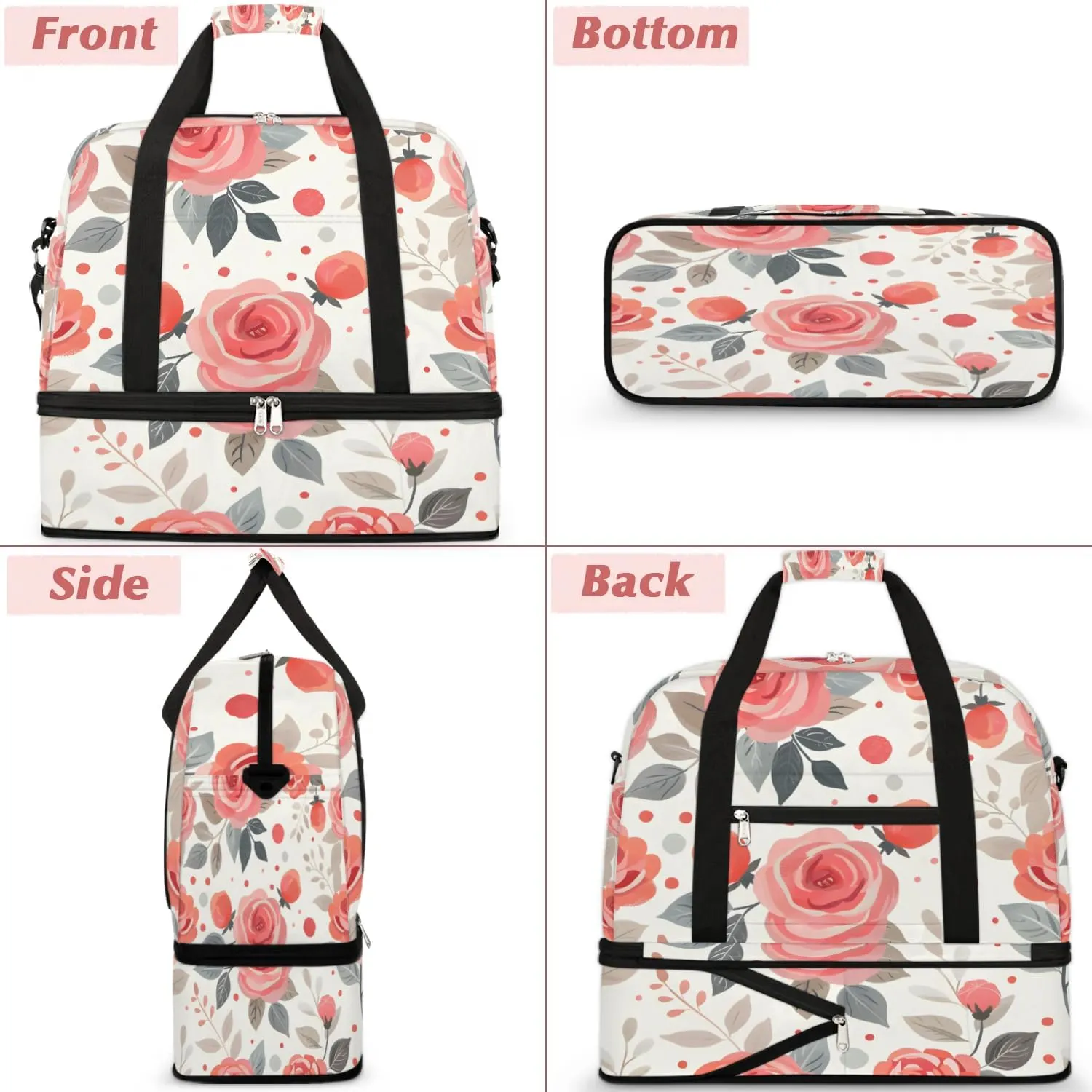 Graceful Rose Pattern Flowers Travel Duffle Bag, Collapsible Travel Bag Sports Gym Bag With Shoes Compartment Weekender Bag Overnight Bag For Women Men