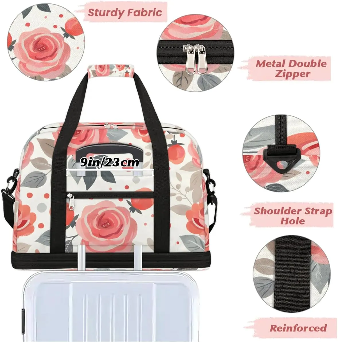 Graceful Rose Pattern Flowers Travel Duffle Bag, Collapsible Travel Bag Sports Gym Bag With Shoes Compartment Weekender Bag Overnight Bag For Women Men