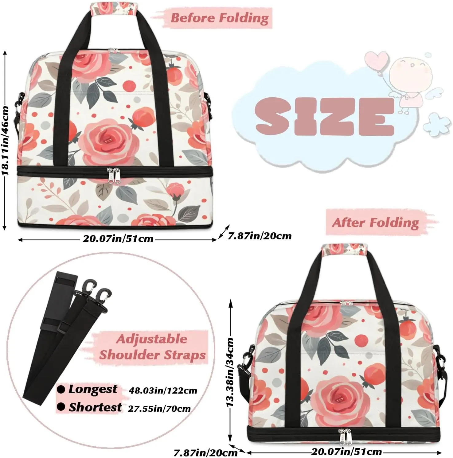 Graceful Rose Pattern Flowers Travel Duffle Bag, Collapsible Travel Bag Sports Gym Bag With Shoes Compartment Weekender Bag Overnight Bag For Women Men