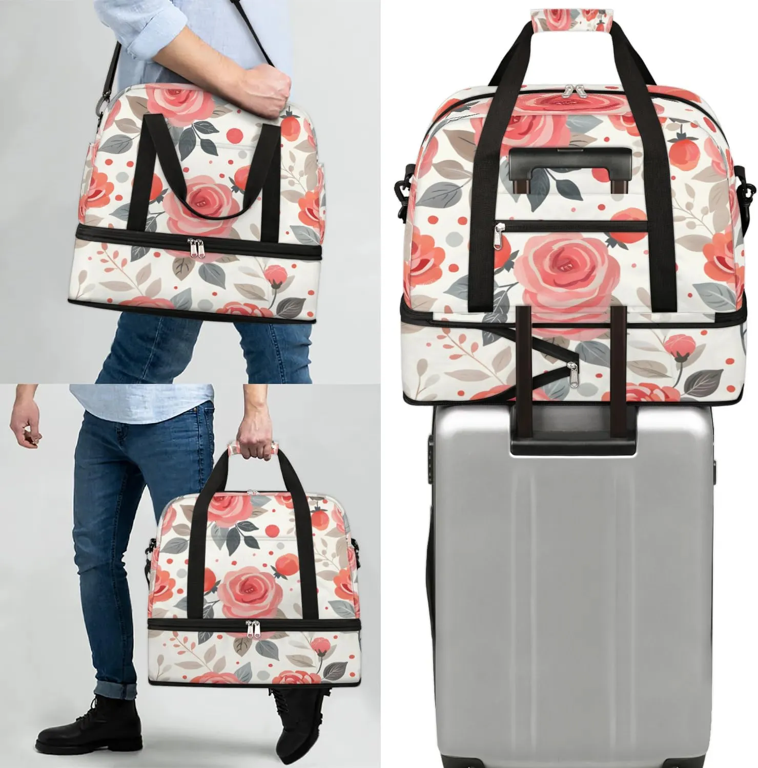Graceful Rose Pattern Flowers Travel Duffle Bag, Collapsible Travel Bag Sports Gym Bag With Shoes Compartment Weekender Bag Overnight Bag For Women Men