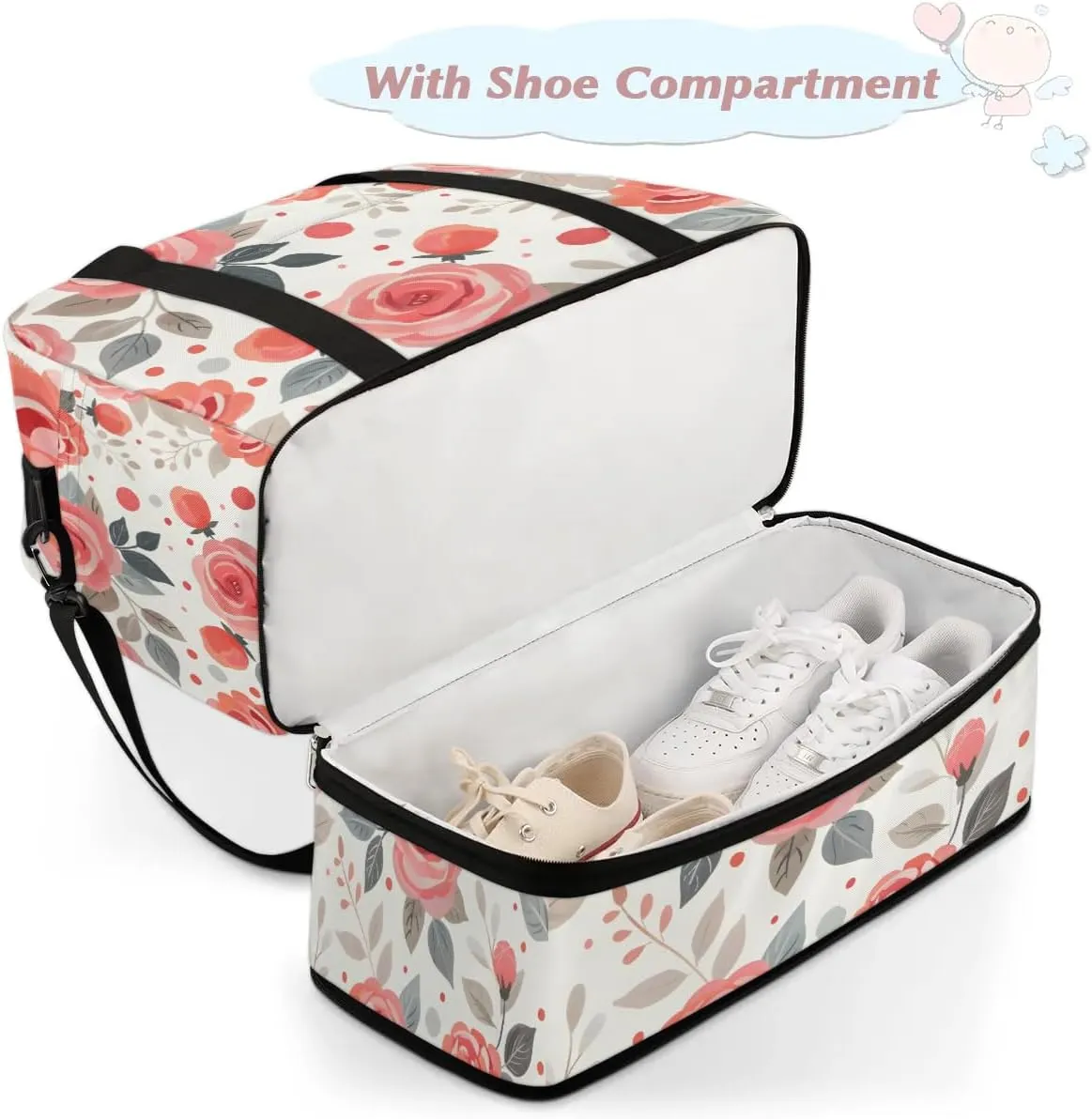 Graceful Rose Pattern Flowers Travel Duffle Bag, Collapsible Travel Bag Sports Gym Bag With Shoes Compartment Weekender Bag Overnight Bag For Women Men