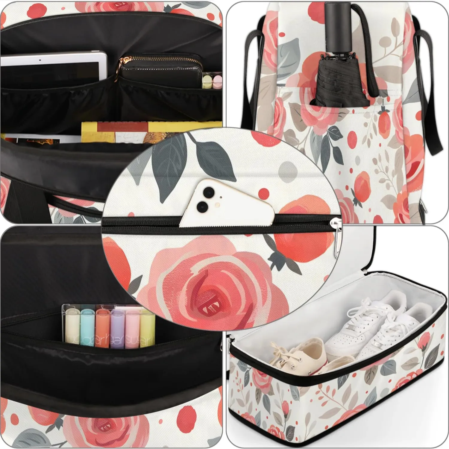 Graceful Rose Pattern Flowers Travel Duffle Bag, Collapsible Travel Bag Sports Gym Bag With Shoes Compartment Weekender Bag Overnight Bag For Women Men