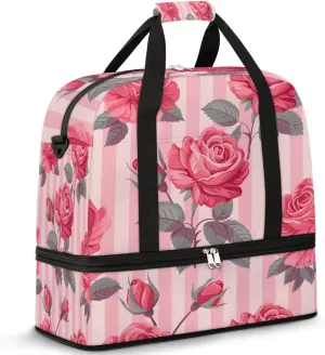Graceful Rose Patterns Flower Travel Duffle Bag, Collapsible Travel Bag Sports Gym Bag With Shoes Compartment Weekender Bag Overnight Bag For Women Men
