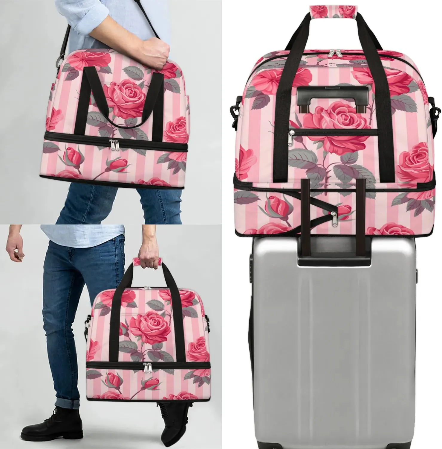 Graceful Rose Patterns Flower Travel Duffle Bag, Collapsible Travel Bag Sports Gym Bag With Shoes Compartment Weekender Bag Overnight Bag For Women Men