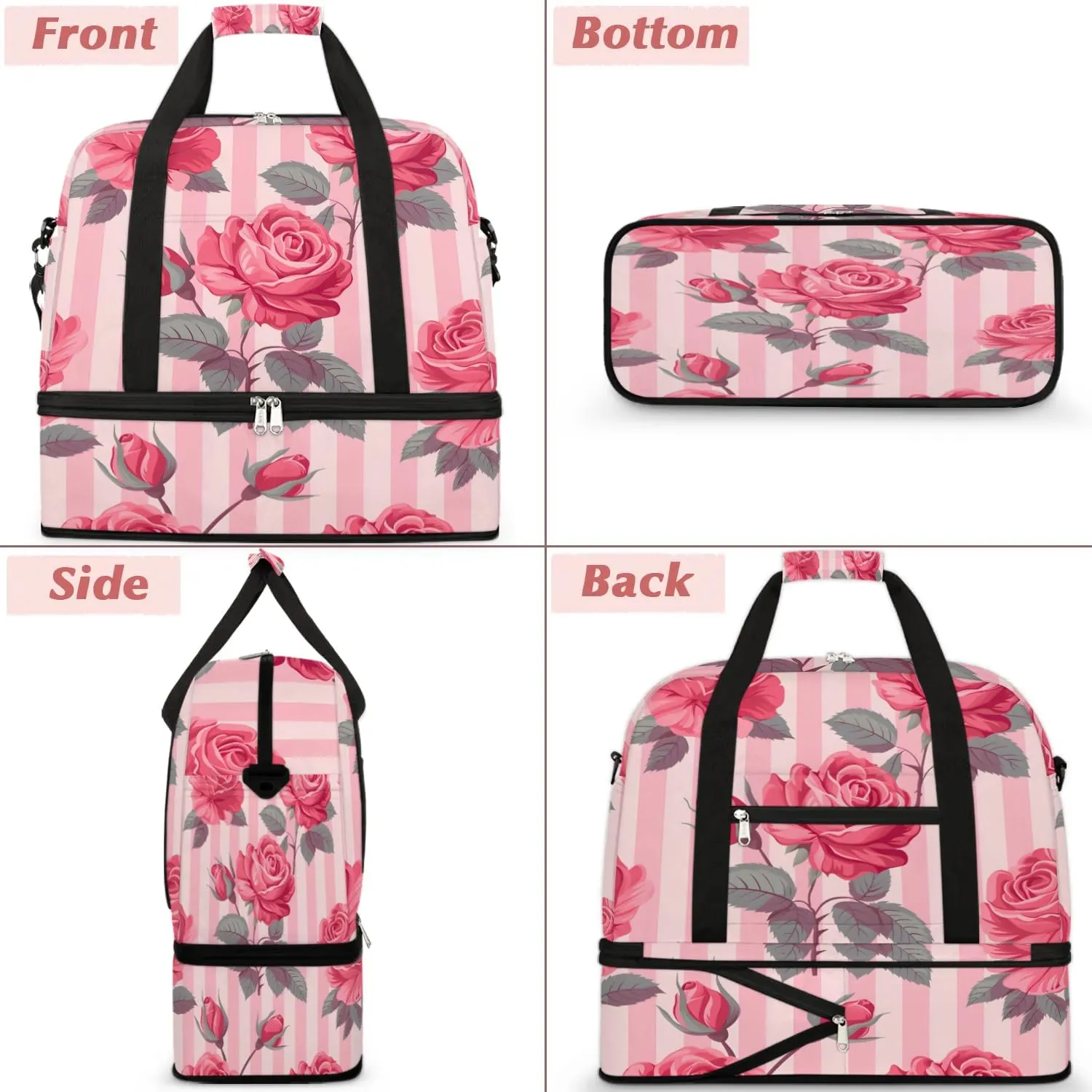 Graceful Rose Patterns Flower Travel Duffle Bag, Collapsible Travel Bag Sports Gym Bag With Shoes Compartment Weekender Bag Overnight Bag For Women Men