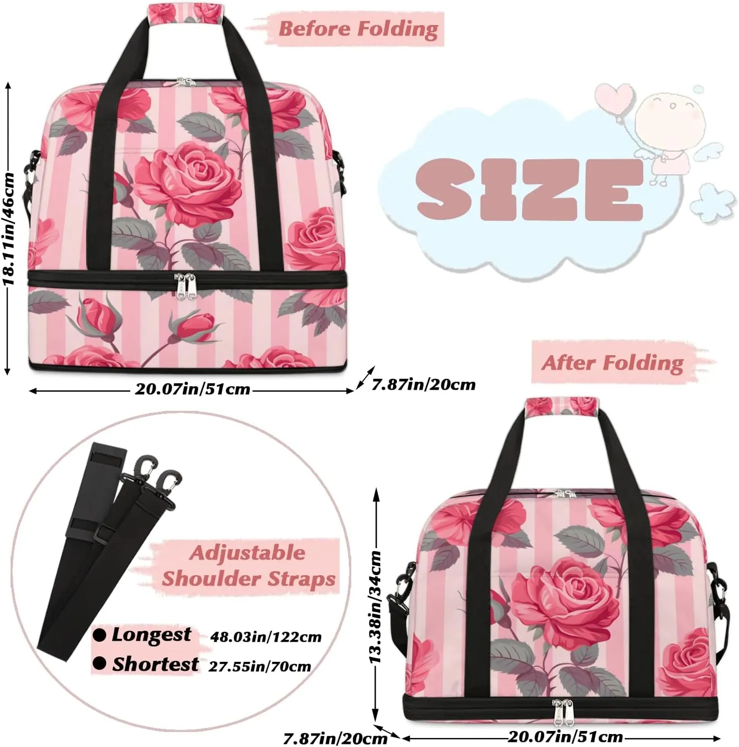 Graceful Rose Patterns Flower Travel Duffle Bag, Collapsible Travel Bag Sports Gym Bag With Shoes Compartment Weekender Bag Overnight Bag For Women Men