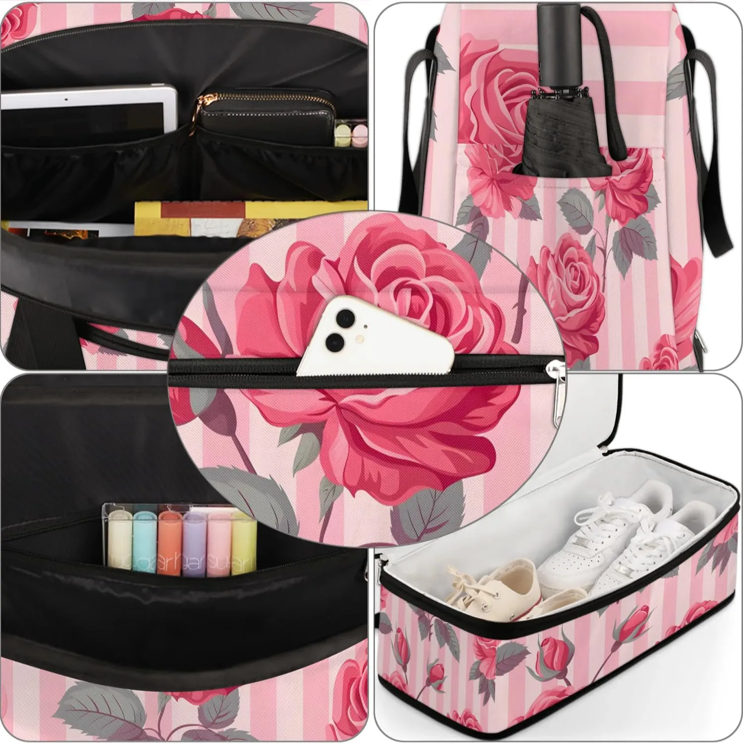 Graceful Rose Patterns Flower Travel Duffle Bag, Collapsible Travel Bag Sports Gym Bag With Shoes Compartment Weekender Bag Overnight Bag For Women Men