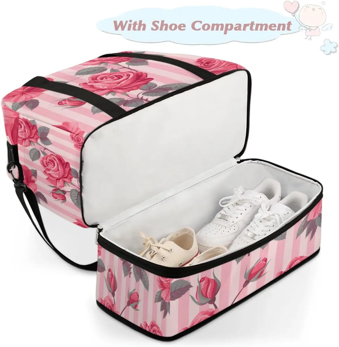 Graceful Rose Patterns Flower Travel Duffle Bag, Collapsible Travel Bag Sports Gym Bag With Shoes Compartment Weekender Bag Overnight Bag For Women Men
