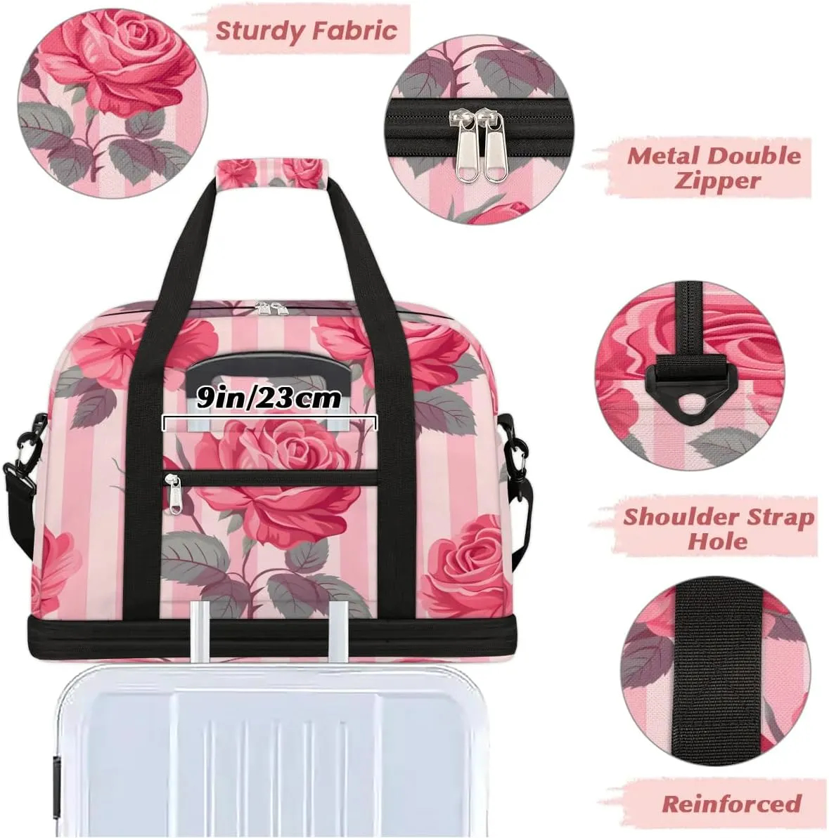 Graceful Rose Patterns Flower Travel Duffle Bag, Collapsible Travel Bag Sports Gym Bag With Shoes Compartment Weekender Bag Overnight Bag For Women Men