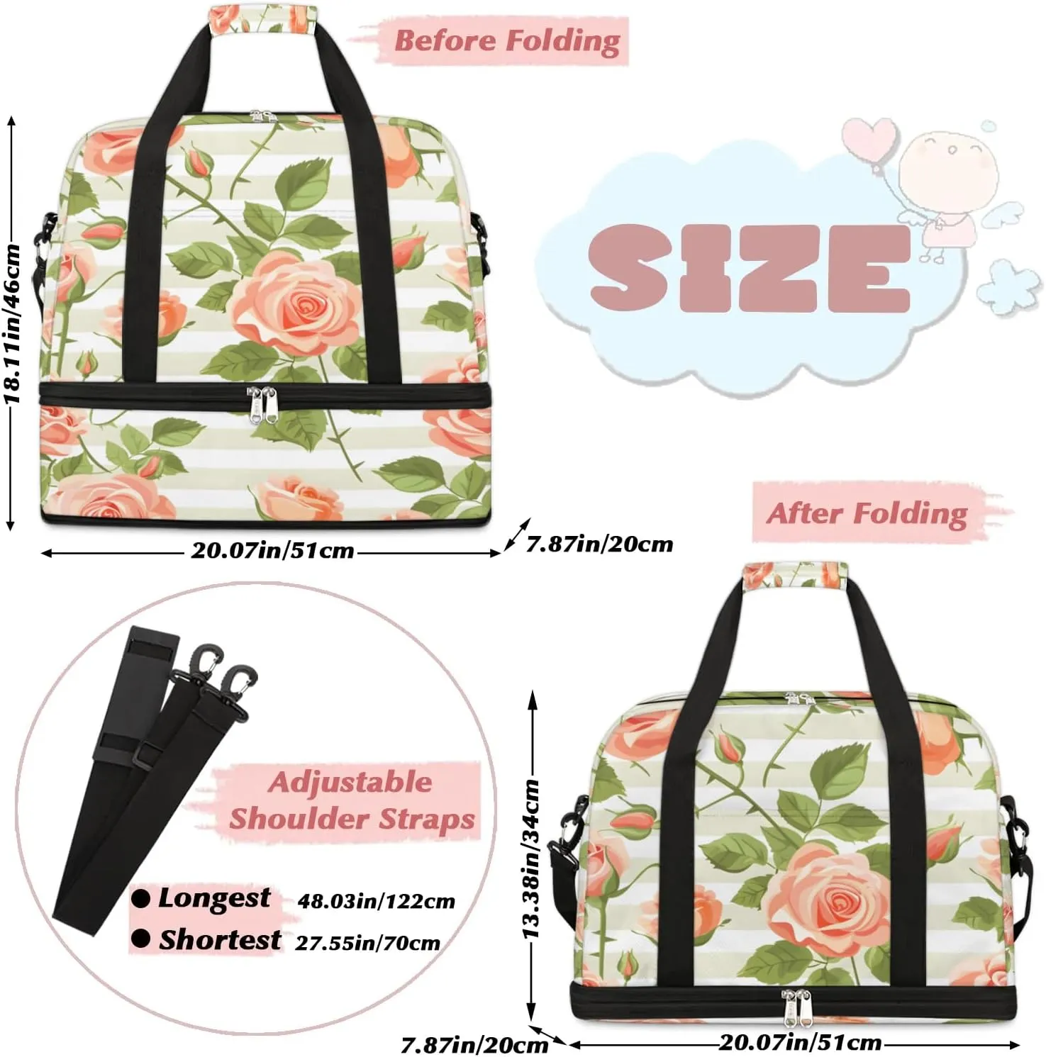 Graceful Rose Patterns Flowers Travel Duffle Bag, Collapsible Travel Bag Sports Gym Bag With Shoes Compartment Weekender Bag Overnight Bag For Women Men
