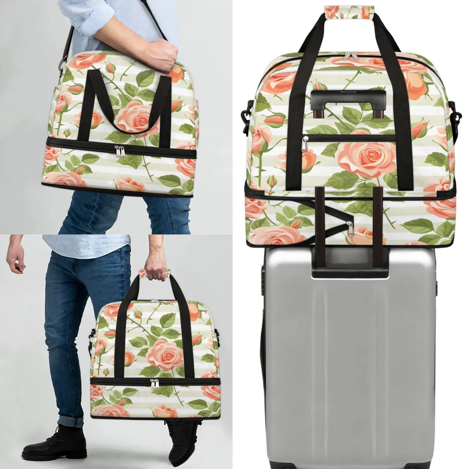 Graceful Rose Patterns Flowers Travel Duffle Bag, Collapsible Travel Bag Sports Gym Bag With Shoes Compartment Weekender Bag Overnight Bag For Women Men