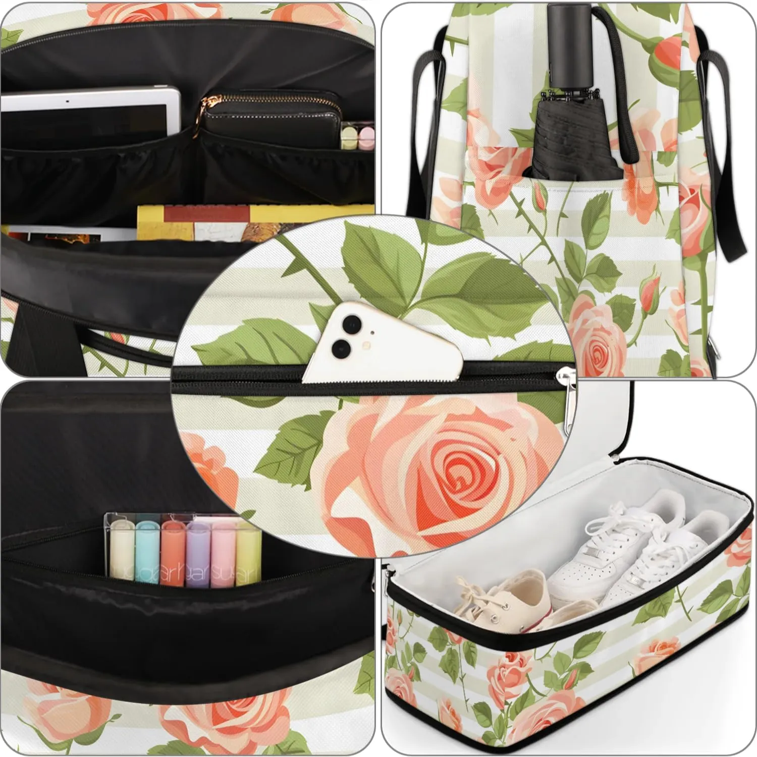 Graceful Rose Patterns Flowers Travel Duffle Bag, Collapsible Travel Bag Sports Gym Bag With Shoes Compartment Weekender Bag Overnight Bag For Women Men