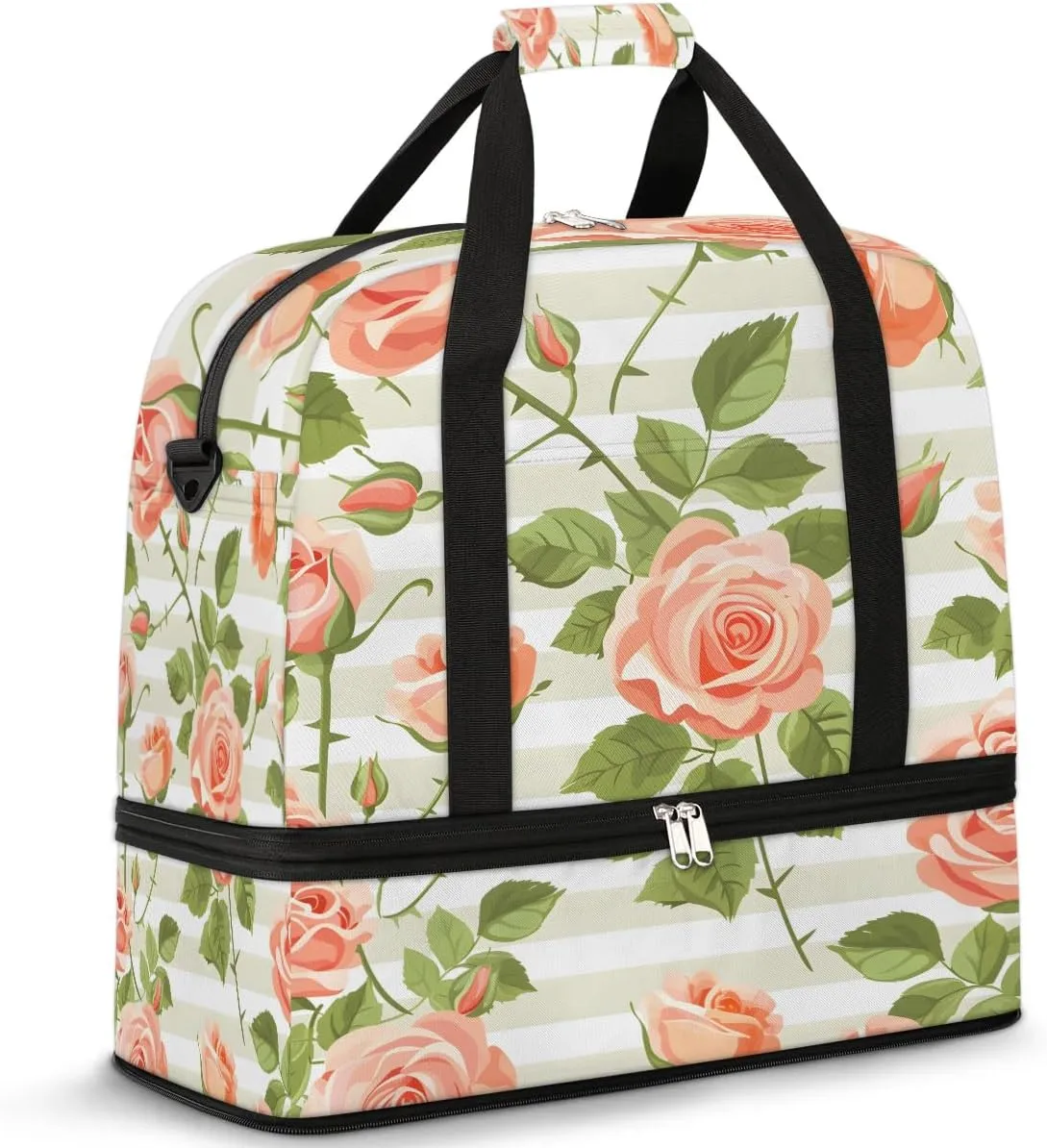 Graceful Rose Patterns Flowers Travel Duffle Bag, Collapsible Travel Bag Sports Gym Bag With Shoes Compartment Weekender Bag Overnight Bag For Women Men
