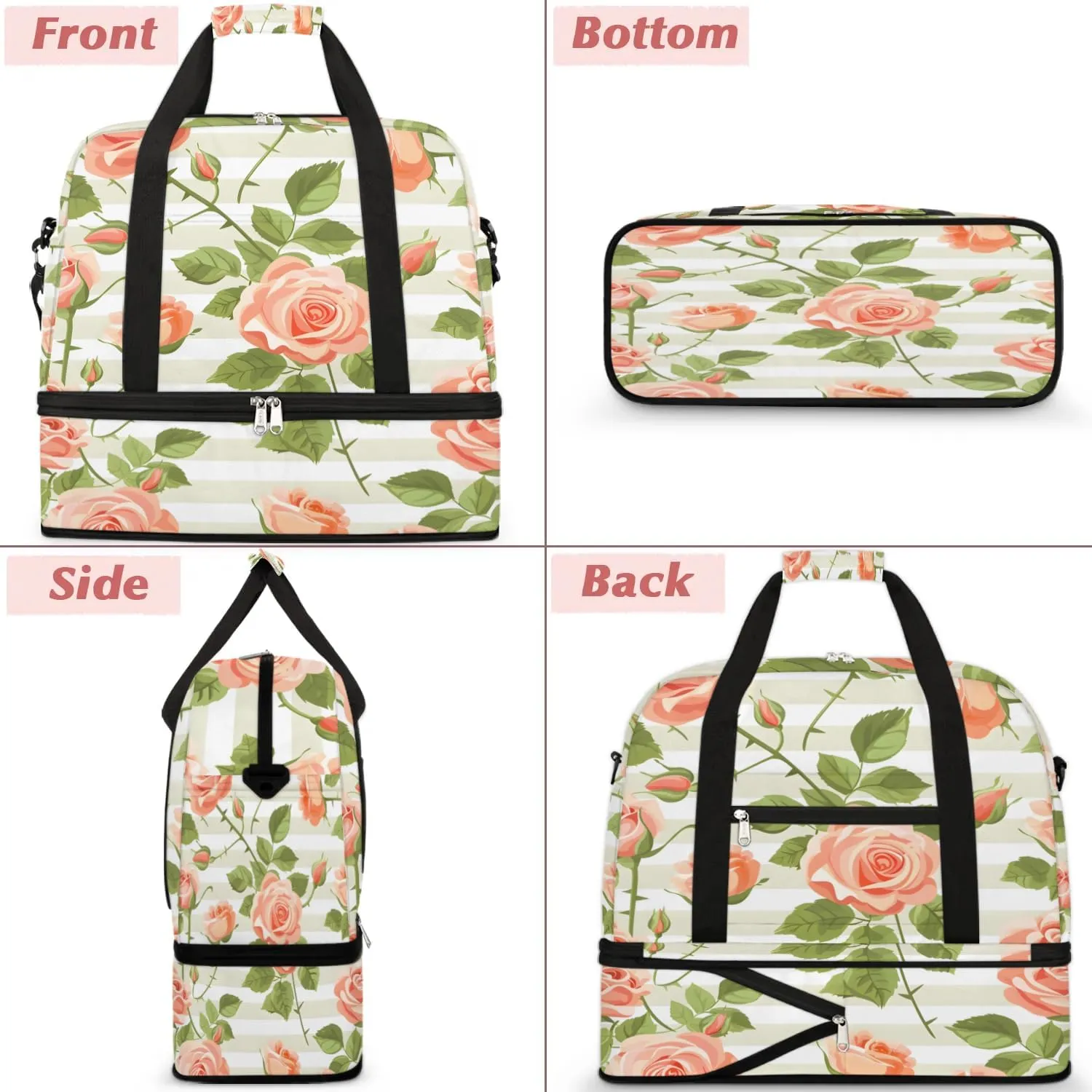 Graceful Rose Patterns Flowers Travel Duffle Bag, Collapsible Travel Bag Sports Gym Bag With Shoes Compartment Weekender Bag Overnight Bag For Women Men