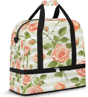 Graceful Rose Patterns Flowers Travel Duffle Bag, Collapsible Travel Bag Sports Gym Bag With Shoes Compartment Weekender Bag Overnight Bag For Women Men