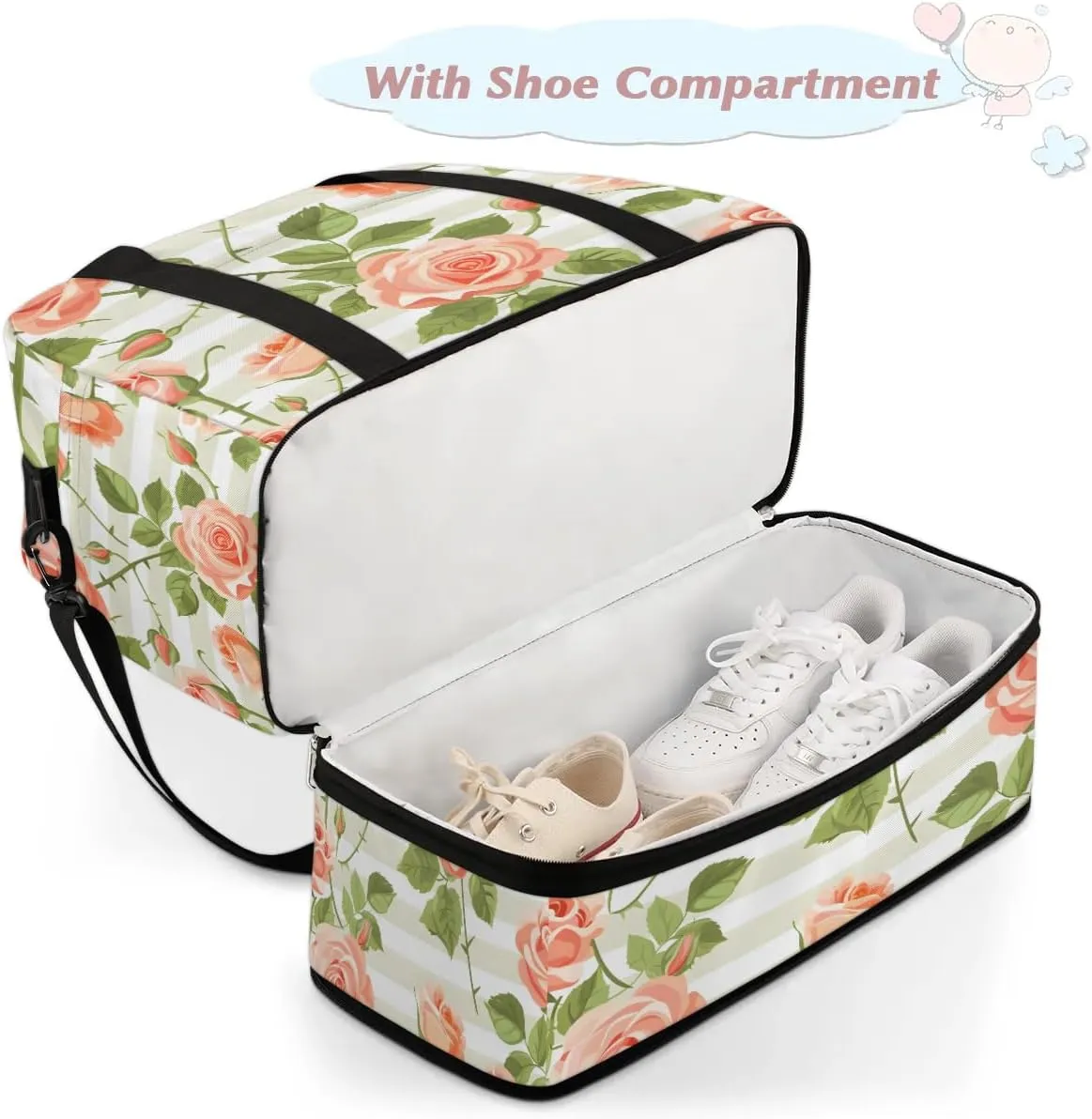 Graceful Rose Patterns Flowers Travel Duffle Bag, Collapsible Travel Bag Sports Gym Bag With Shoes Compartment Weekender Bag Overnight Bag For Women Men