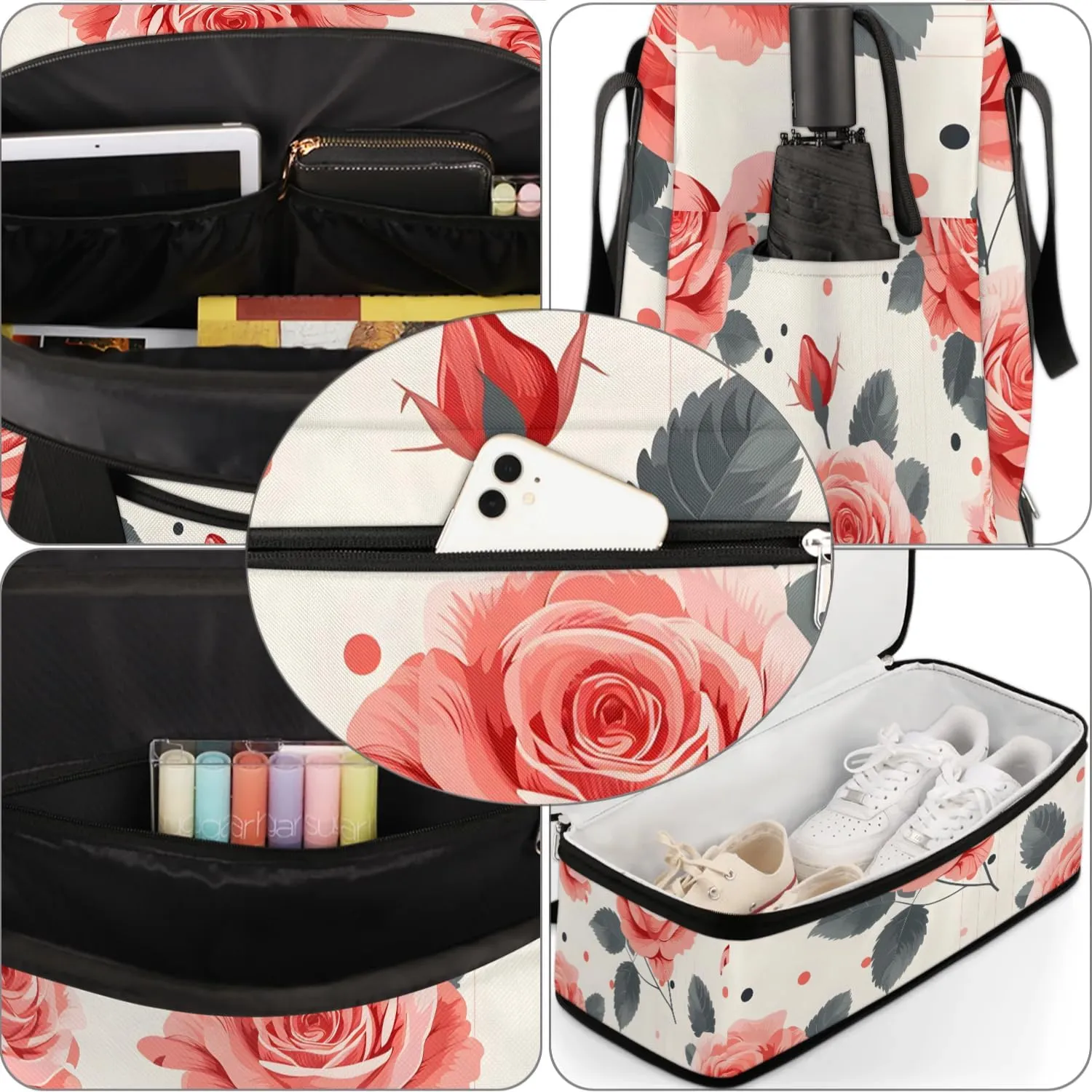 Graceful Rose Print Flora Travel Duffle Bag, Collapsible Travel Bag Sports Gym Bag With Shoes Compartment Weekender Bag Overnight Bag For Women Men