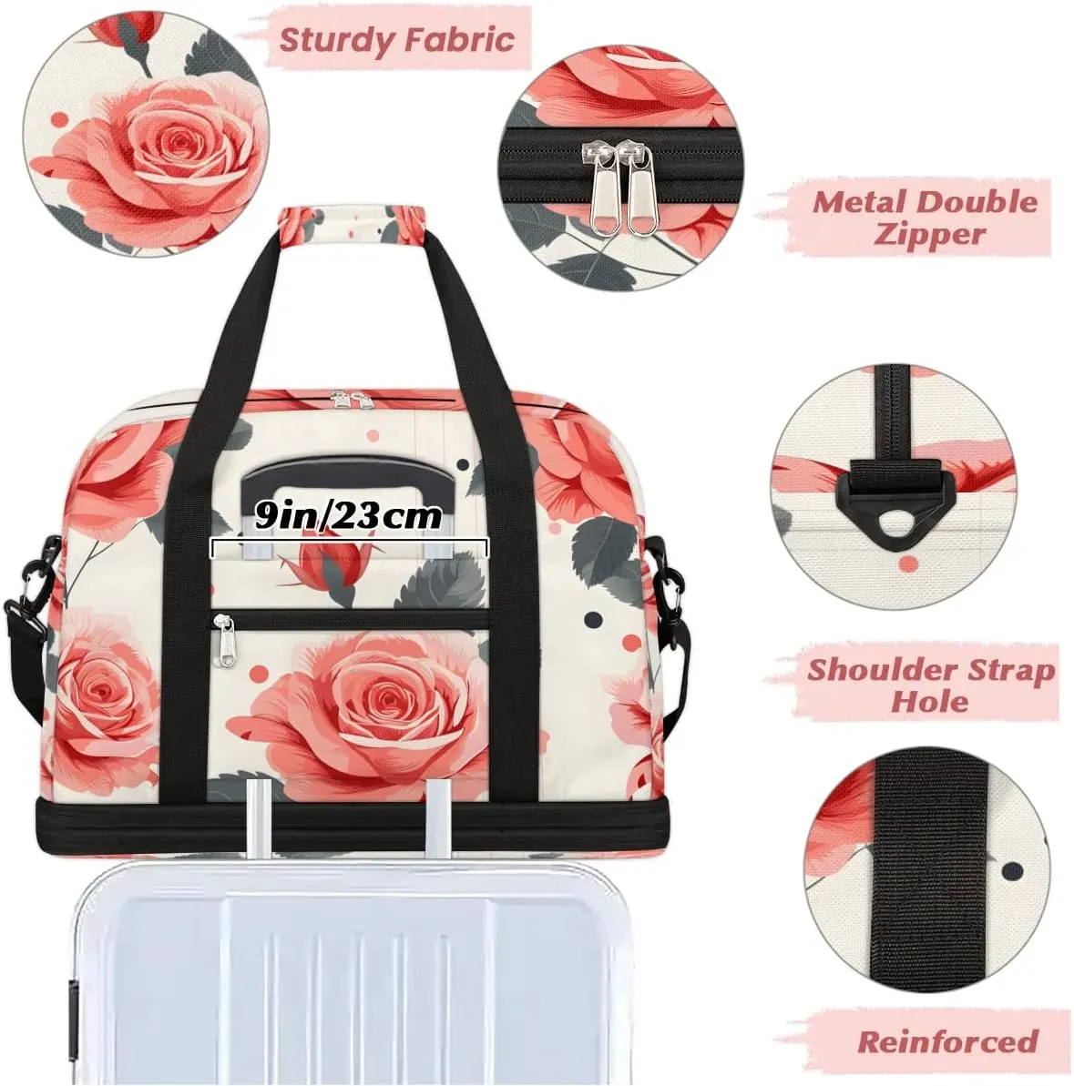 Graceful Rose Print Flora Travel Duffle Bag, Collapsible Travel Bag Sports Gym Bag With Shoes Compartment Weekender Bag Overnight Bag For Women Men