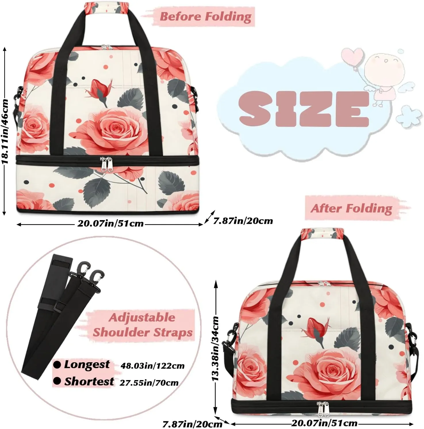 Graceful Rose Print Flora Travel Duffle Bag, Collapsible Travel Bag Sports Gym Bag With Shoes Compartment Weekender Bag Overnight Bag For Women Men