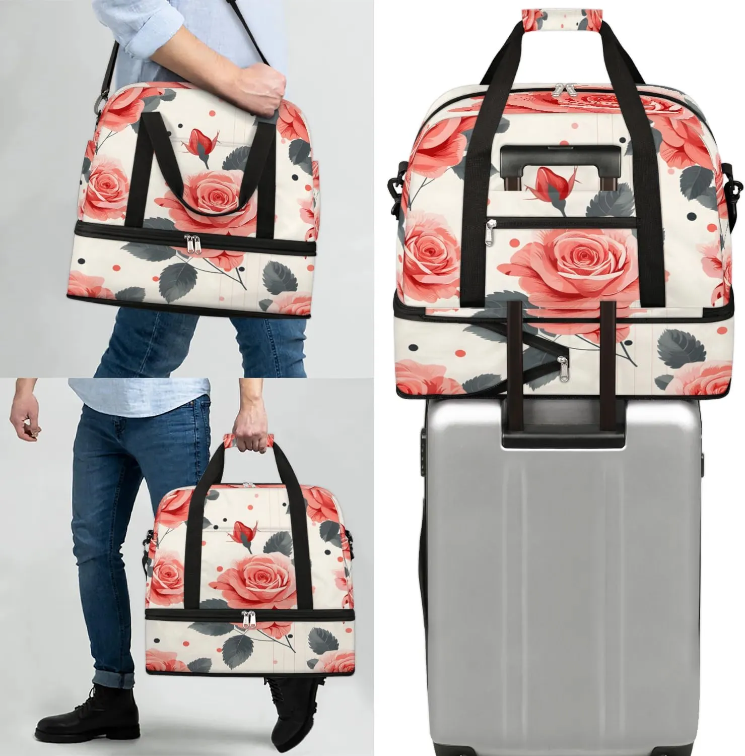 Graceful Rose Print Flora Travel Duffle Bag, Collapsible Travel Bag Sports Gym Bag With Shoes Compartment Weekender Bag Overnight Bag For Women Men
