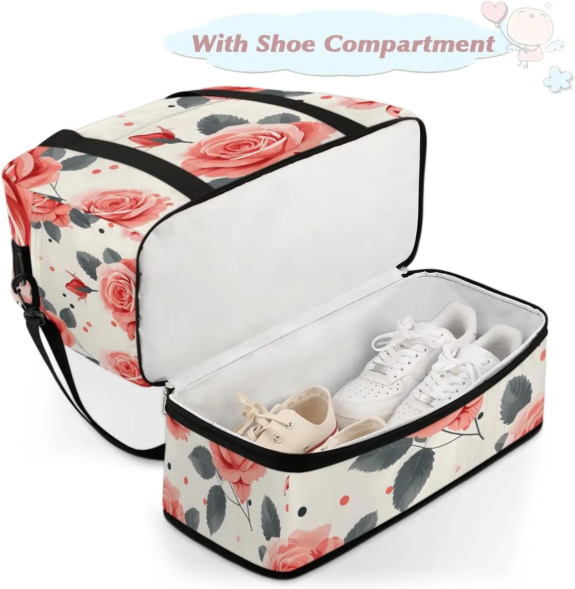 Graceful Rose Print Flora Travel Duffle Bag, Collapsible Travel Bag Sports Gym Bag With Shoes Compartment Weekender Bag Overnight Bag For Women Men