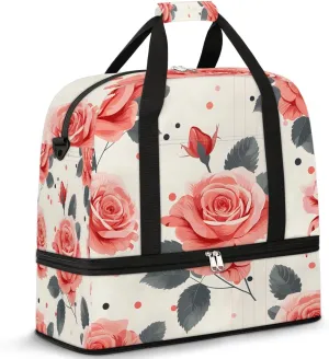 Graceful Rose Print Flora Travel Duffle Bag, Collapsible Travel Bag Sports Gym Bag With Shoes Compartment Weekender Bag Overnight Bag For Women Men