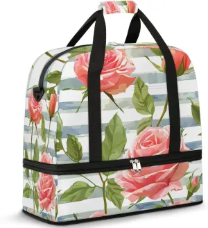 Graceful Rose Print Flowers Travel Duffle Bag, Collapsible Travel Bag Sports Gym Bag With Shoes Compartment Weekender Bag Overnight Bag For Women Men