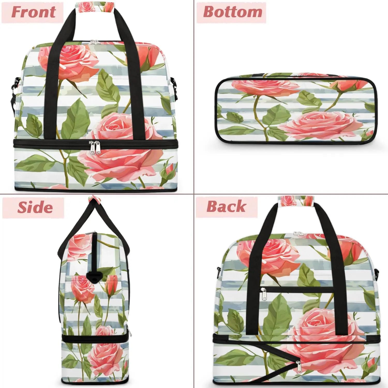 Graceful Rose Print Flowers Travel Duffle Bag, Collapsible Travel Bag Sports Gym Bag With Shoes Compartment Weekender Bag Overnight Bag For Women Men