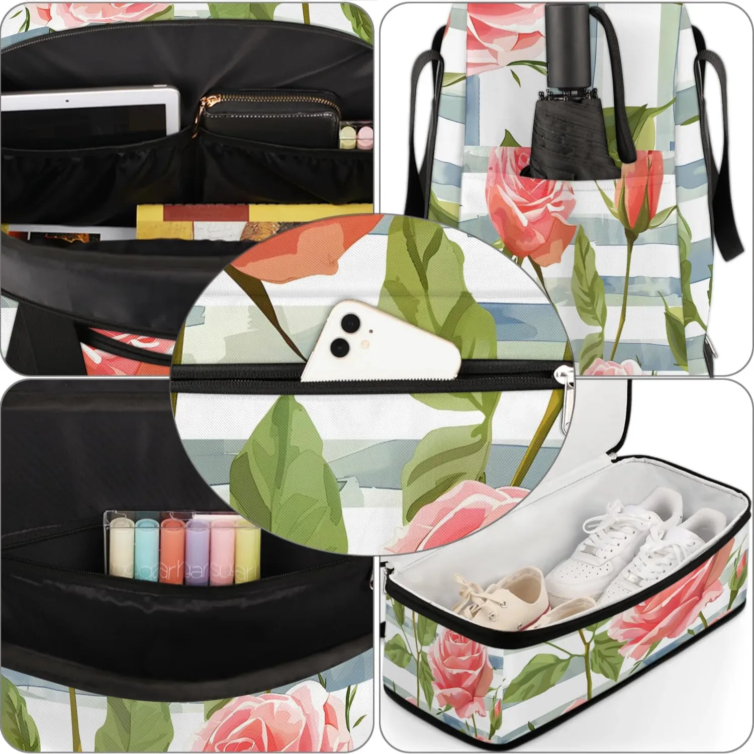 Graceful Rose Print Flowers Travel Duffle Bag, Collapsible Travel Bag Sports Gym Bag With Shoes Compartment Weekender Bag Overnight Bag For Women Men