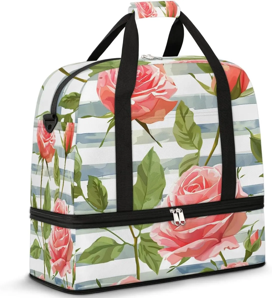 Graceful Rose Print Flowers Travel Duffle Bag, Collapsible Travel Bag Sports Gym Bag With Shoes Compartment Weekender Bag Overnight Bag For Women Men