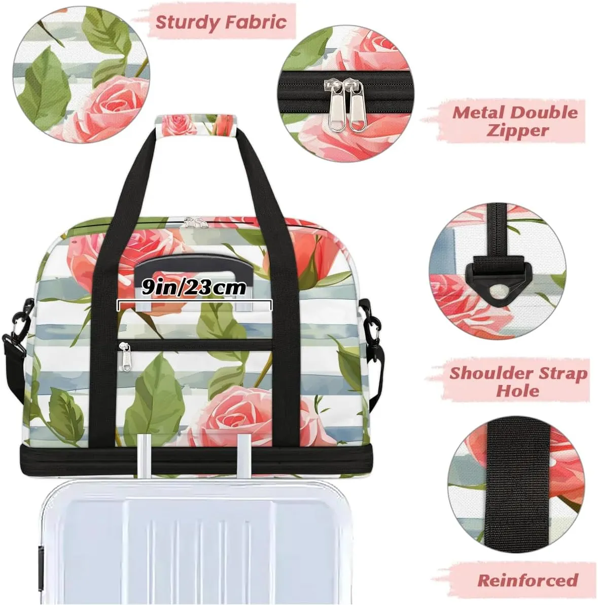 Graceful Rose Print Flowers Travel Duffle Bag, Collapsible Travel Bag Sports Gym Bag With Shoes Compartment Weekender Bag Overnight Bag For Women Men