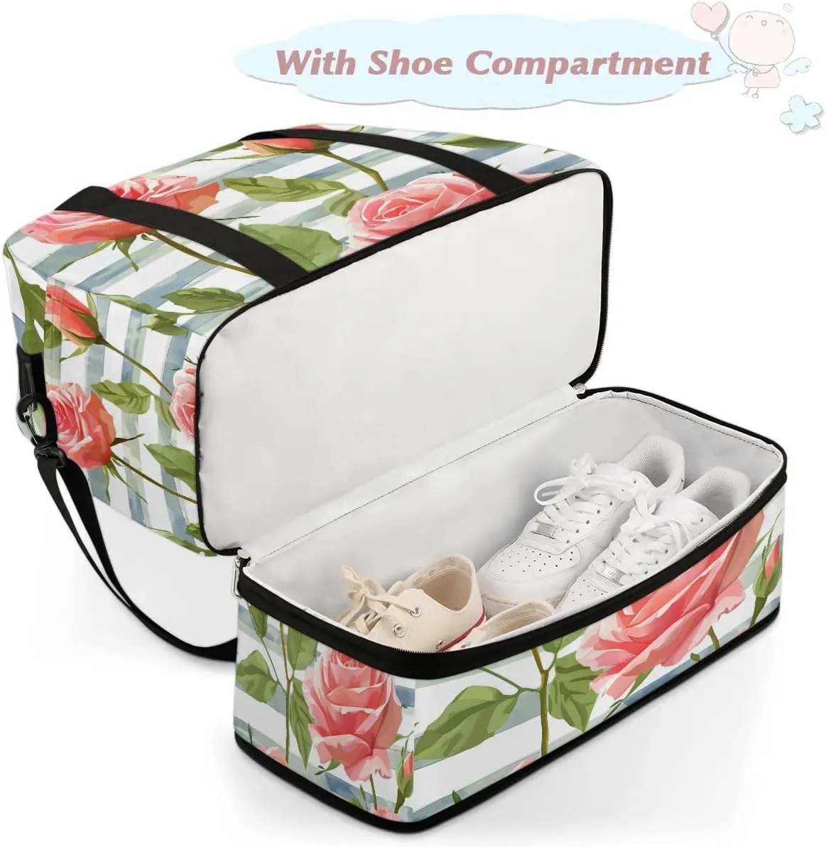 Graceful Rose Print Flowers Travel Duffle Bag, Collapsible Travel Bag Sports Gym Bag With Shoes Compartment Weekender Bag Overnight Bag For Women Men