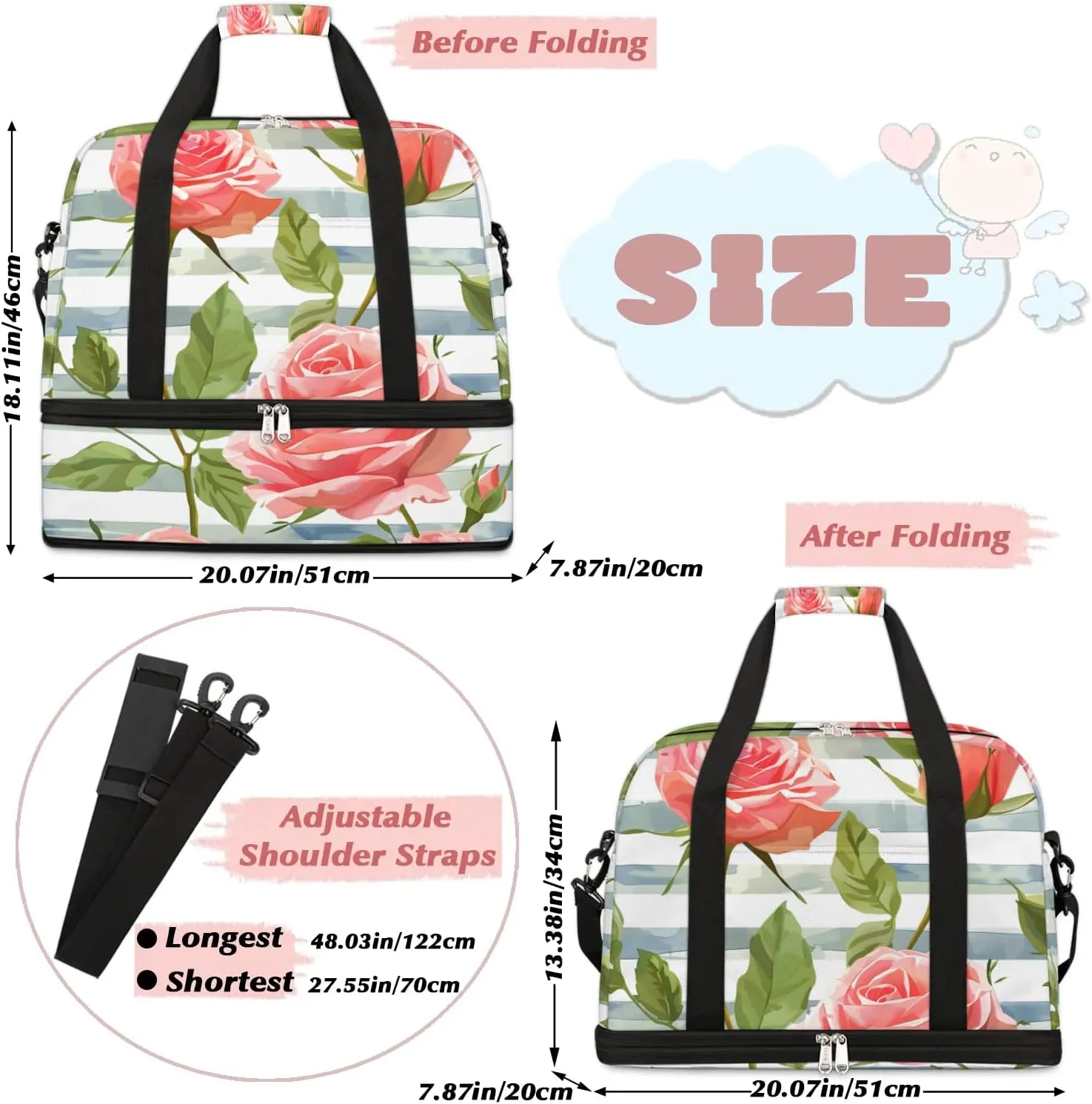 Graceful Rose Print Flowers Travel Duffle Bag, Collapsible Travel Bag Sports Gym Bag With Shoes Compartment Weekender Bag Overnight Bag For Women Men