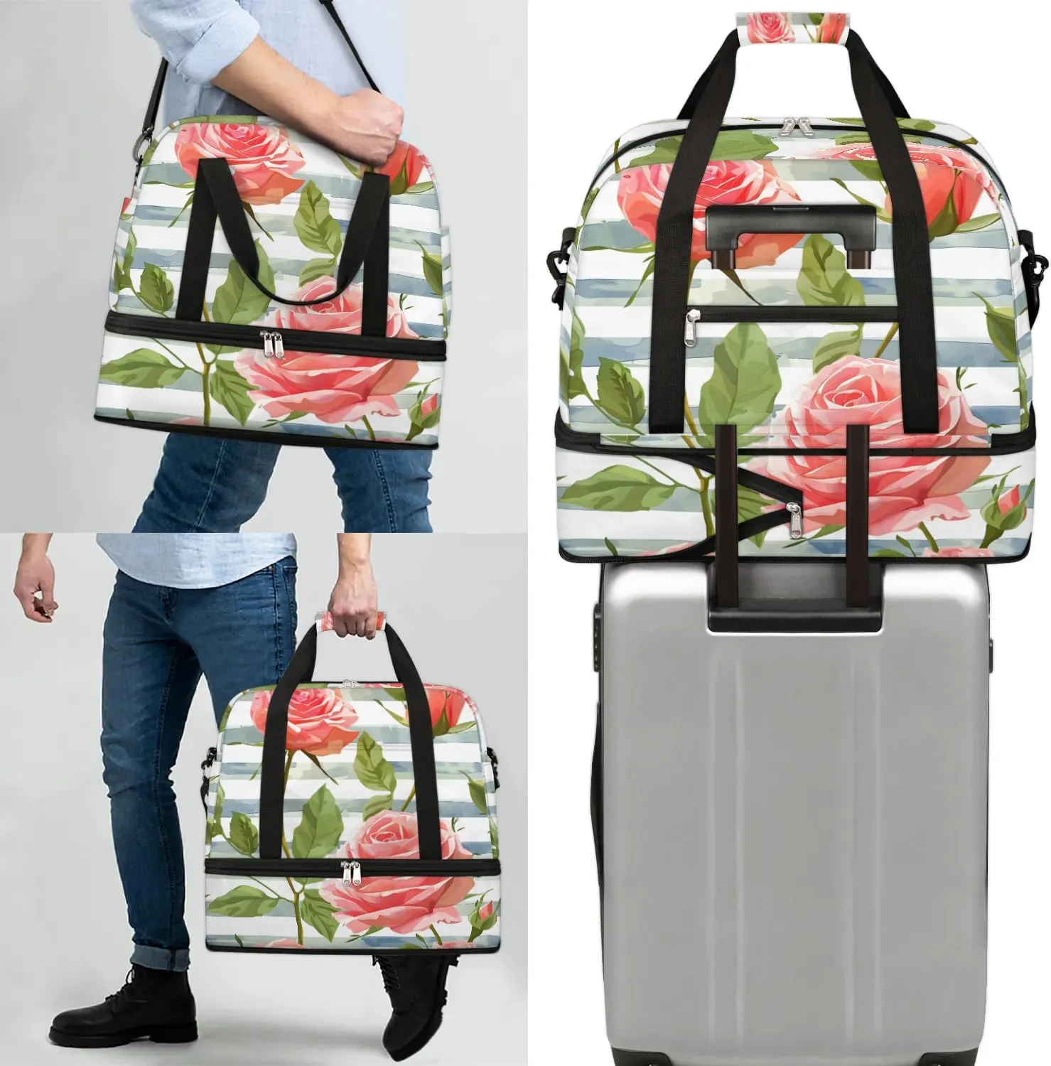 Graceful Rose Print Flowers Travel Duffle Bag, Collapsible Travel Bag Sports Gym Bag With Shoes Compartment Weekender Bag Overnight Bag For Women Men