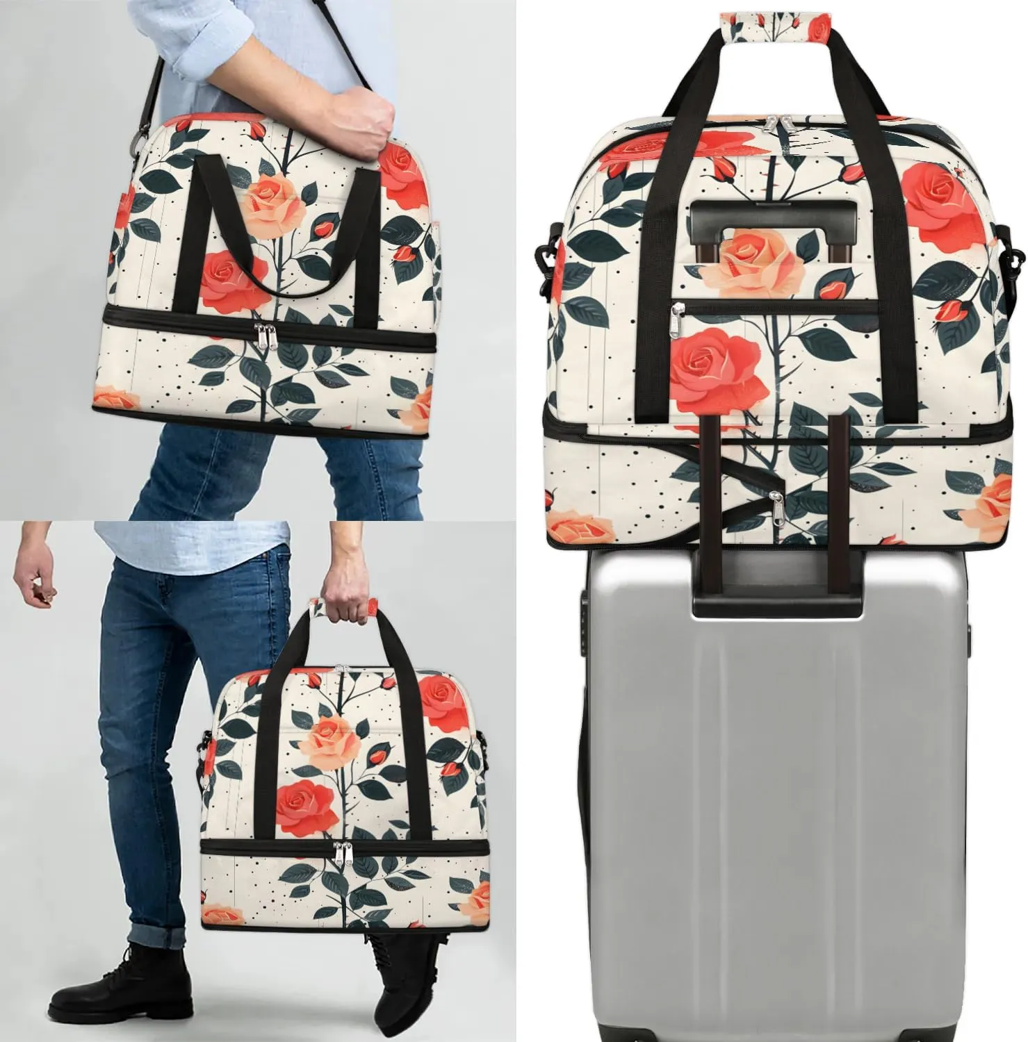 Graceful Rose Printing Flora Travel Duffle Bag, Collapsible Travel Bag Sports Gym Bag With Shoes Compartment Weekender Bag Overnight Bag For Women Men