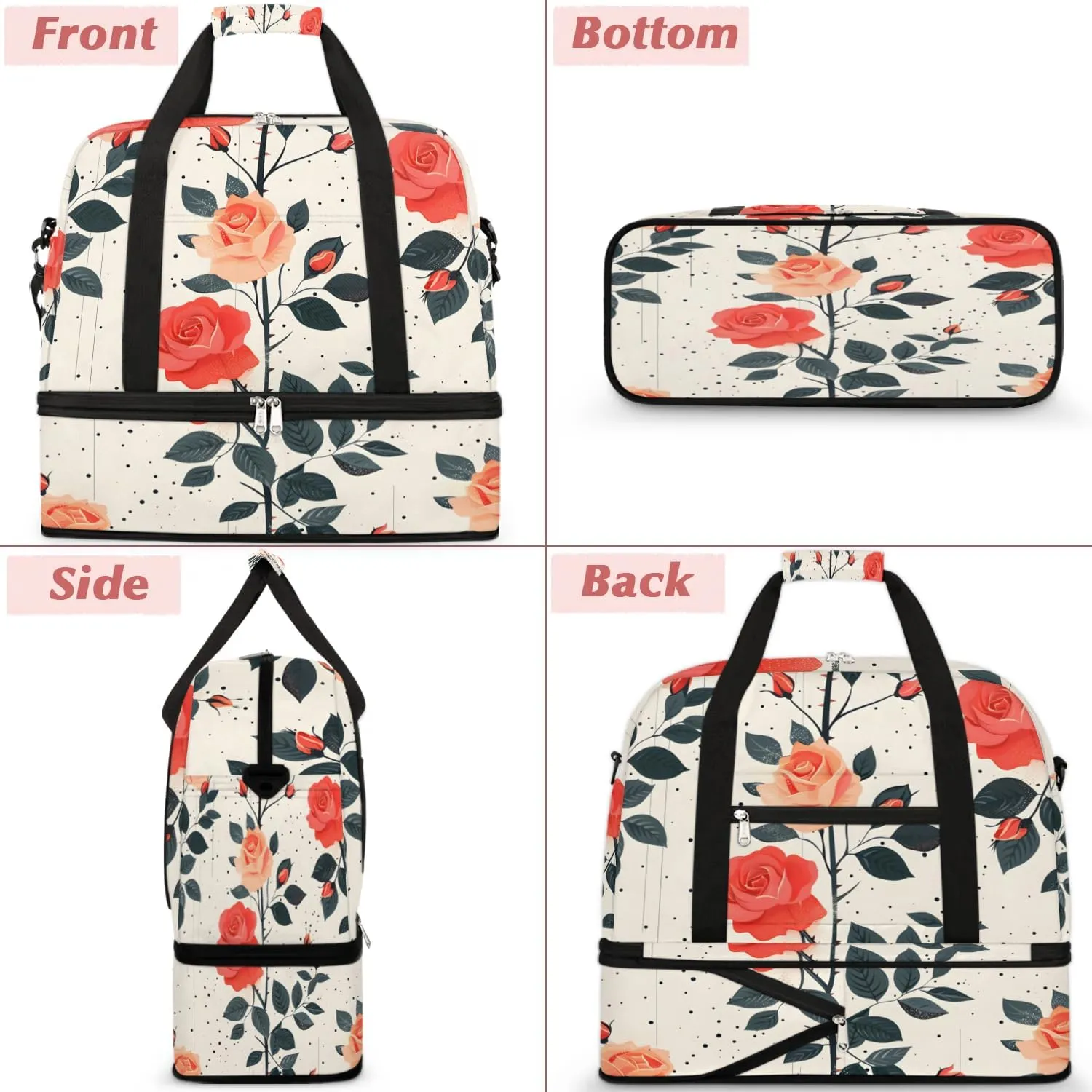 Graceful Rose Printing Flora Travel Duffle Bag, Collapsible Travel Bag Sports Gym Bag With Shoes Compartment Weekender Bag Overnight Bag For Women Men