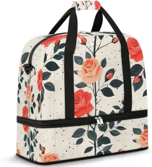 Graceful Rose Printing Flora Travel Duffle Bag, Collapsible Travel Bag Sports Gym Bag With Shoes Compartment Weekender Bag Overnight Bag For Women Men